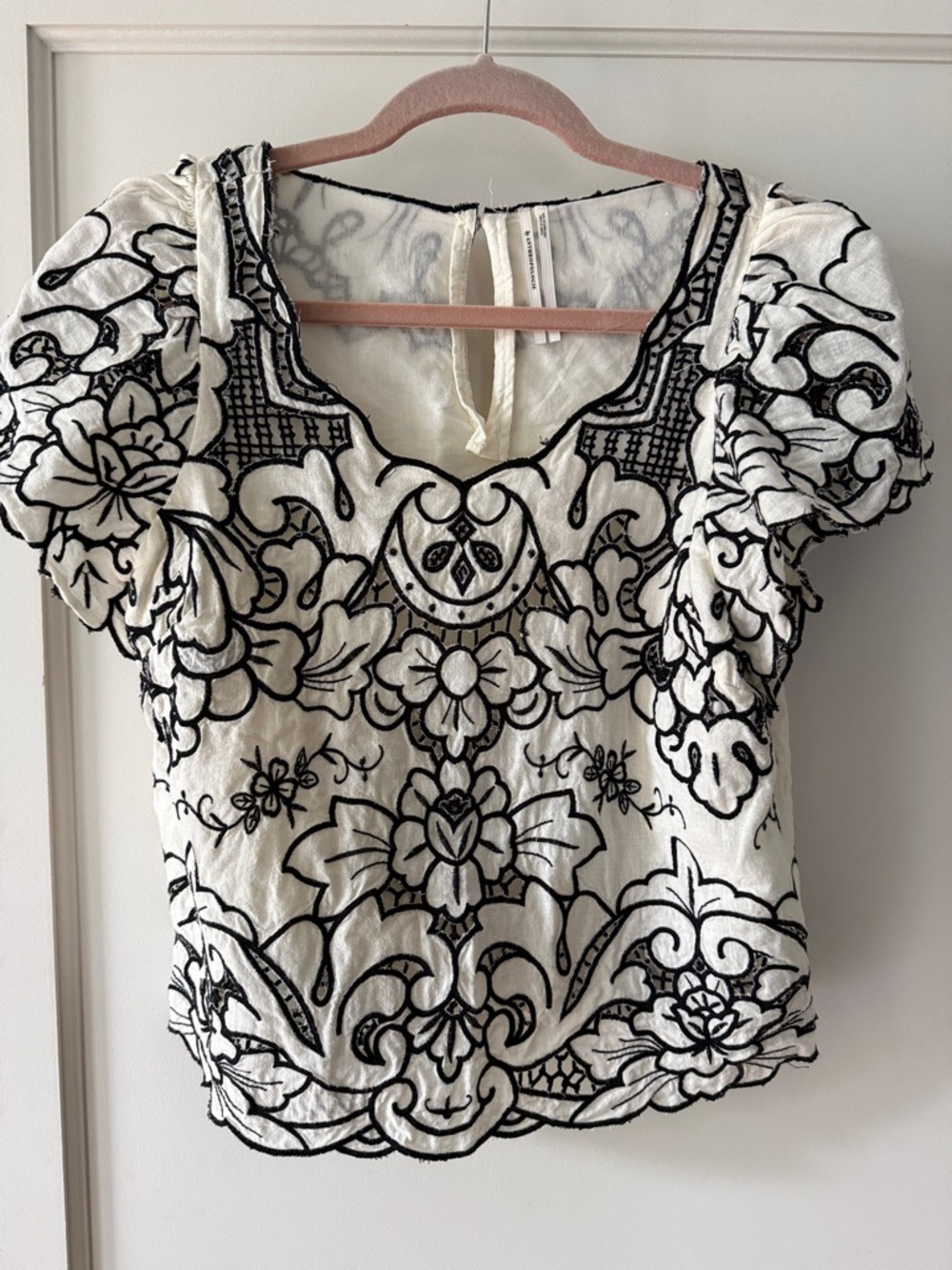 Embroidered Puff Sleeve Linen Top - Black on Cream